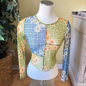 Y2K Sheer Mesh Patchwork Floral Top S Blue Green Fairy Grunge Long Sleeve usa
